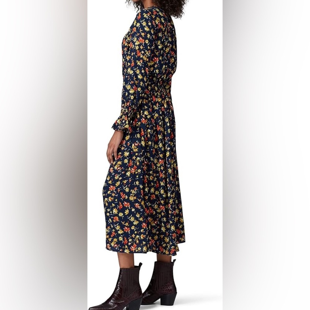 Whistles Navy Floral Smocked Waist Midi Dress Long Sleeve Ruffle Cuff - Picture 7 of 7